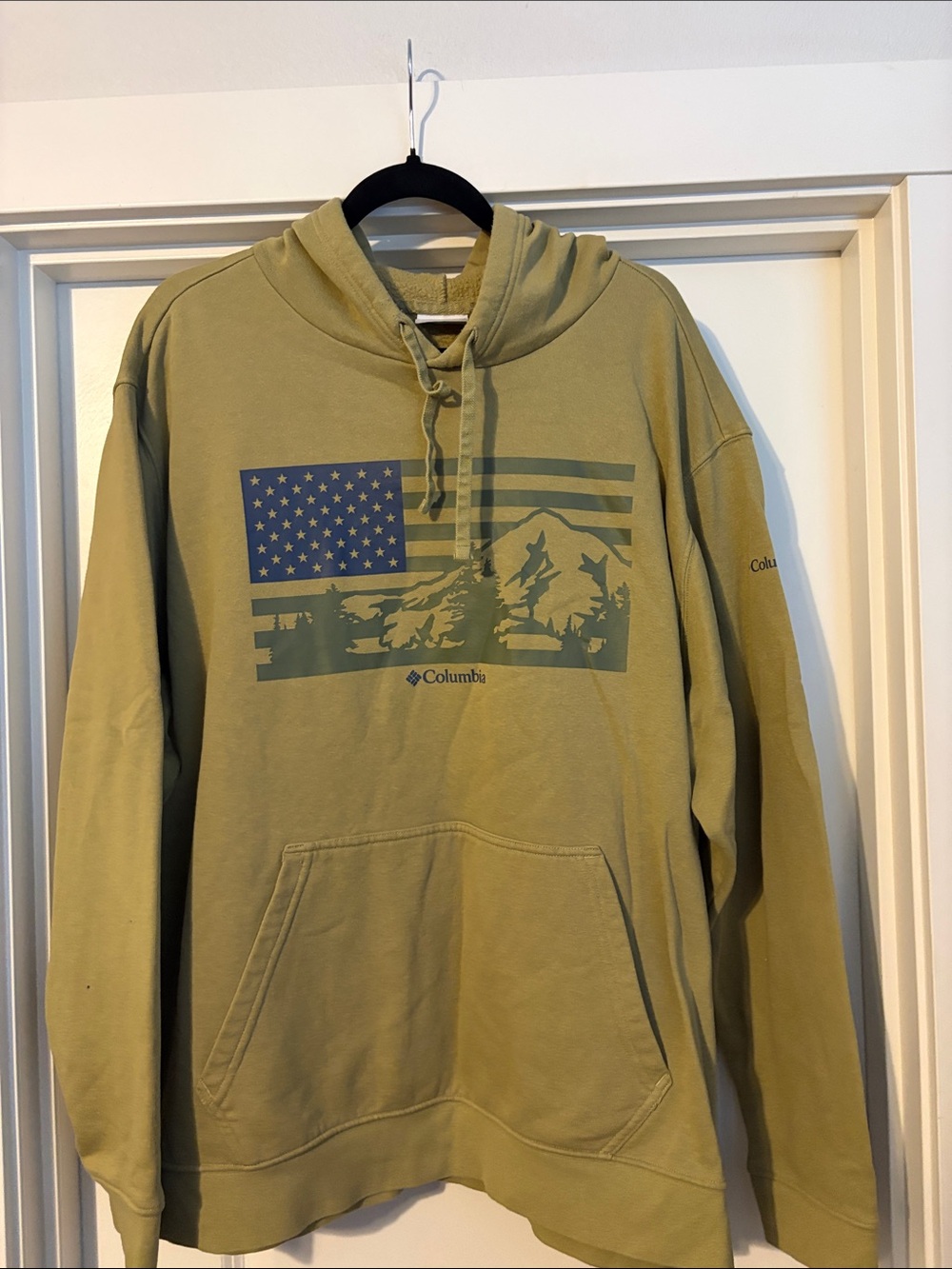 Columbia Olive Green Hoodie with Outdoor Flag Graphic